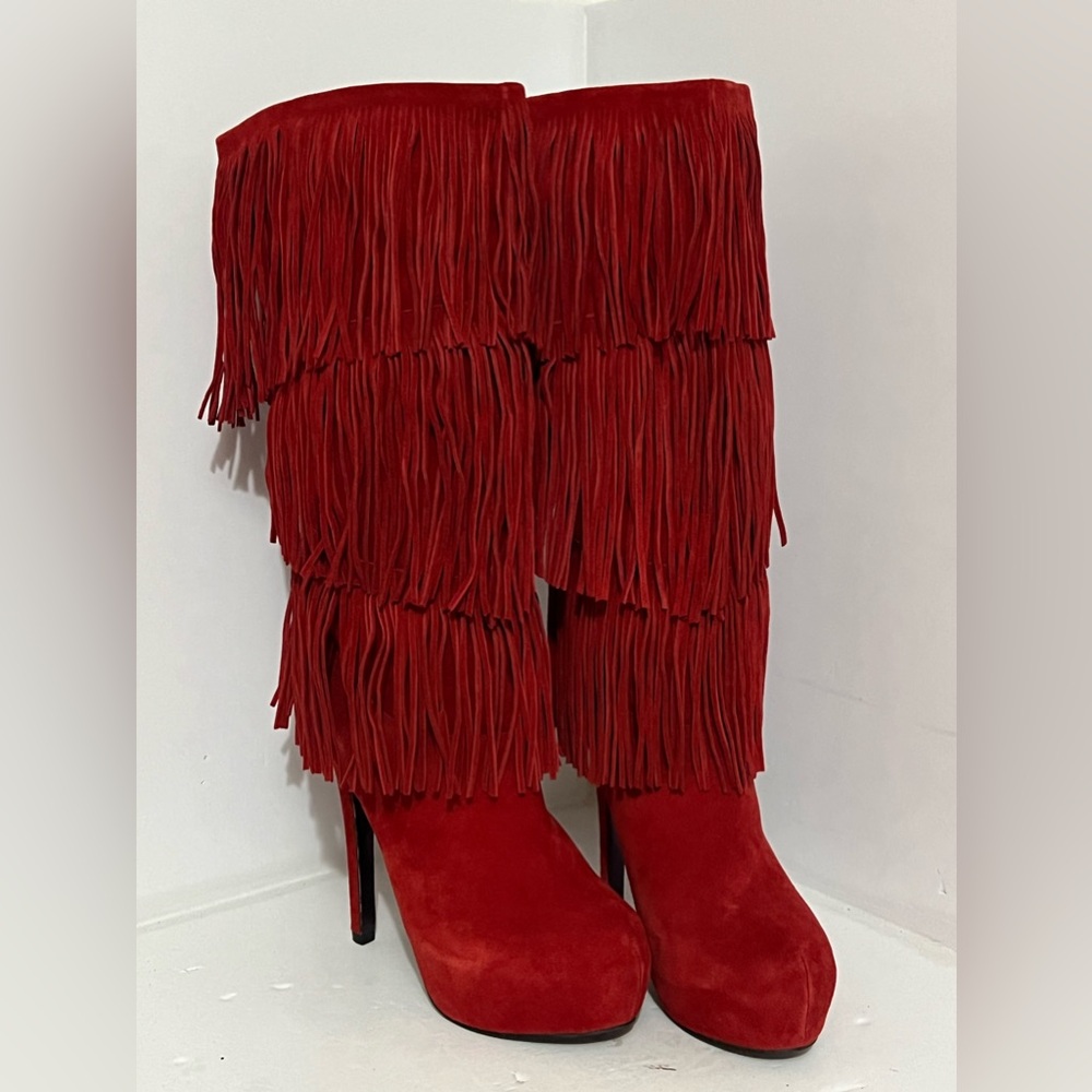 Suede Leather Fringed HeeledBoots.
